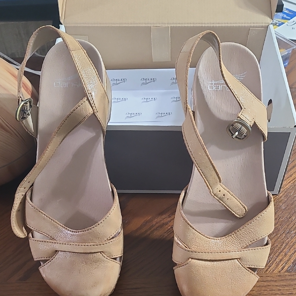 Dansko  Betsy Milked Tan Sandals with Ankle Strap and Block Heel
